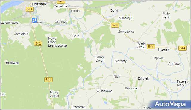 mapa Nowy Dwór gmina Lidzbark, Nowy Dwór gmina Lidzbark na mapie Targeo