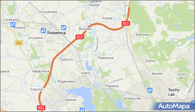 mapa Pawłowice gmina Rokietnica, Pawłowice gmina Rokietnica na mapie Targeo