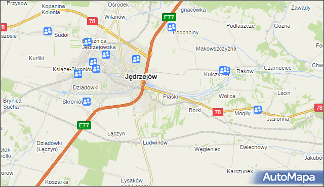 mapa Piaski gmina Jędrzejów, Piaski gmina Jędrzejów na mapie Targeo