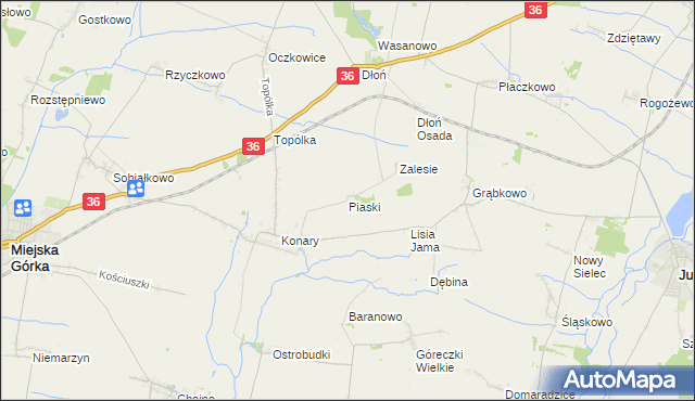 mapa Piaski gmina Miejska Górka, Piaski gmina Miejska Górka na mapie Targeo