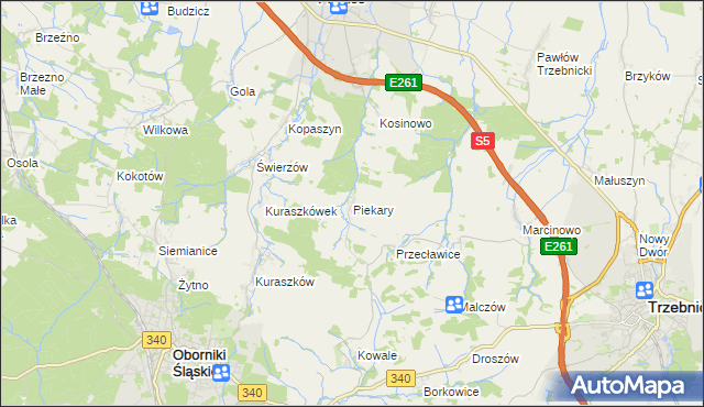 mapa Piekary gmina Oborniki Śląskie, Piekary gmina Oborniki Śląskie na mapie Targeo