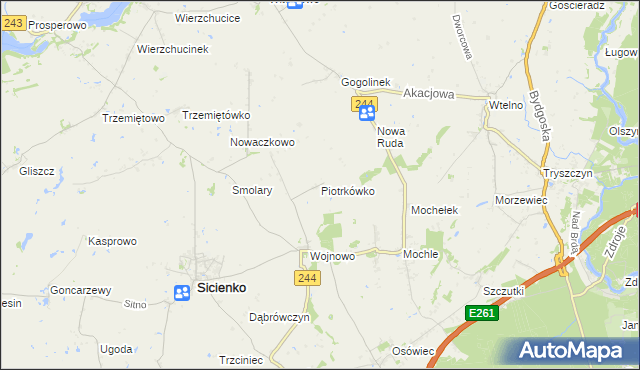 mapa Piotrkówko gmina Sicienko, Piotrkówko gmina Sicienko na mapie Targeo