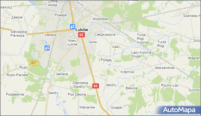 mapa Podgaj gmina Łuków, Podgaj gmina Łuków na mapie Targeo