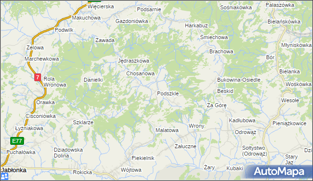 mapa Podszkle gmina Czarny Dunajec, Podszkle gmina Czarny Dunajec na mapie Targeo