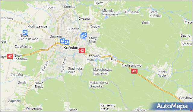 mapa Pomyków gmina Końskie, Pomyków gmina Końskie na mapie Targeo