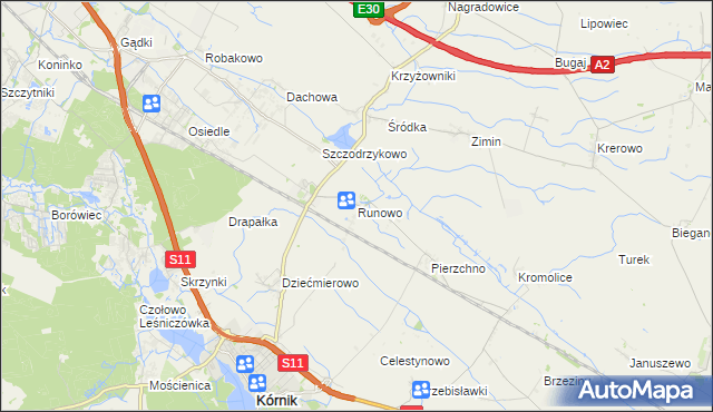 mapa Runowo gmina Kórnik, Runowo gmina Kórnik na mapie Targeo