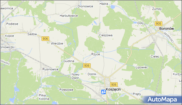 mapa Rzyce, Rzyce na mapie Targeo