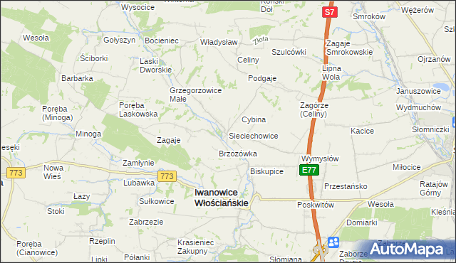 mapa Sieciechowice gmina Iwanowice, Sieciechowice gmina Iwanowice na mapie Targeo