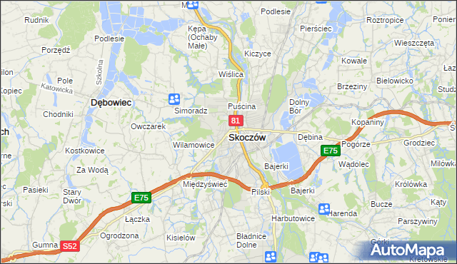 mapa Skoczów powiat cieszyński, Skoczów powiat cieszyński na mapie Targeo