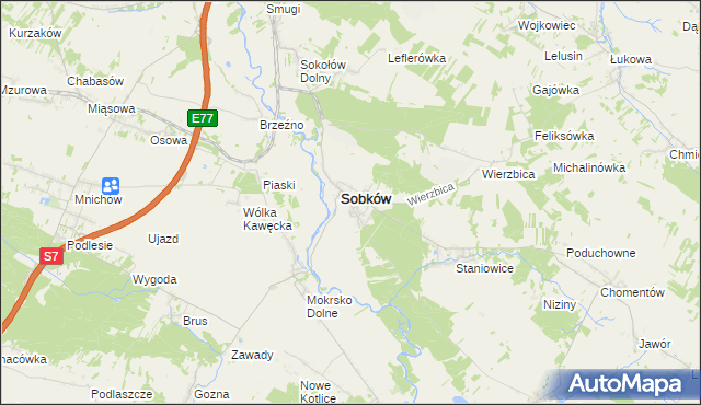 mapa Sobków powiat jędrzejowski, Sobków powiat jędrzejowski na mapie Targeo