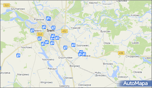 mapa Sosnowiec gmina Śrem, Sosnowiec gmina Śrem na mapie Targeo