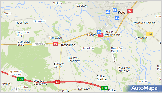 mapa Straszków gmina Kościelec, Straszków gmina Kościelec na mapie Targeo