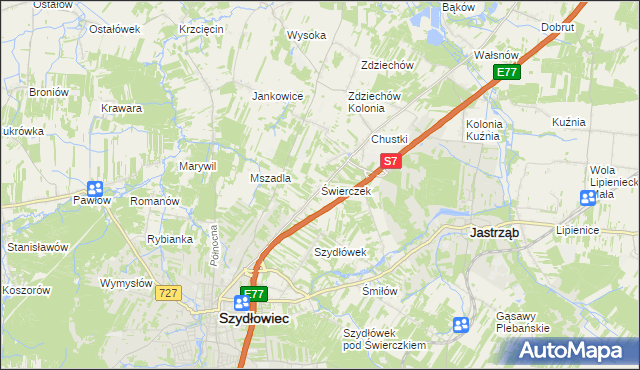 mapa Świerczek gmina Szydłowiec, Świerczek gmina Szydłowiec na mapie Targeo