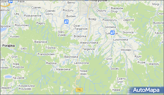 mapa Targanice, Targanice na mapie Targeo