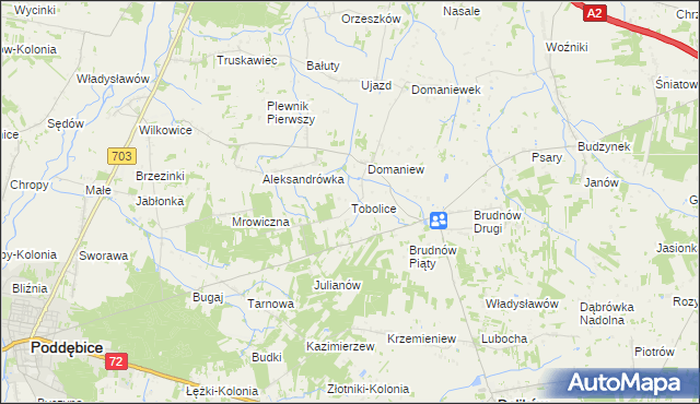 mapa Tobolice gmina Dalików, Tobolice gmina Dalików na mapie Targeo