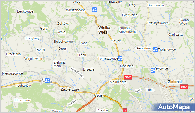 mapa Tomaszowice gmina Wielka Wieś, Tomaszowice gmina Wielka Wieś na mapie Targeo