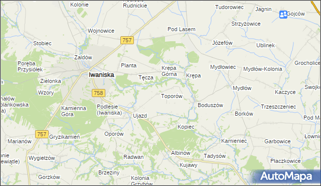 mapa Toporów gmina Iwaniska, Toporów gmina Iwaniska na mapie Targeo