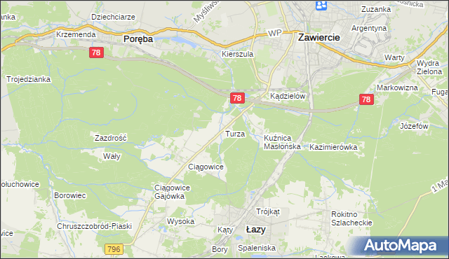 mapa Turza gmina Łazy, Turza gmina Łazy na mapie Targeo