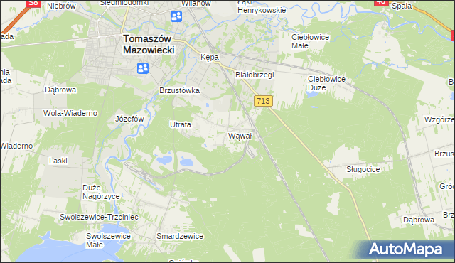 mapa Wąwał gmina Tomaszów Mazowiecki, Wąwał gmina Tomaszów Mazowiecki na mapie Targeo