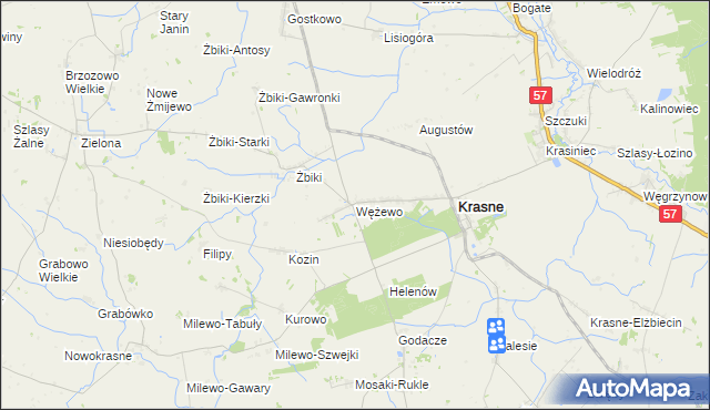 mapa Wężewo gmina Krasne, Wężewo gmina Krasne na mapie Targeo