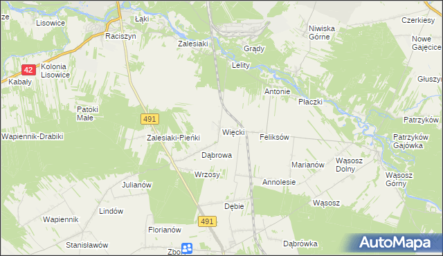 mapa Więcki gmina Popów, Więcki gmina Popów na mapie Targeo