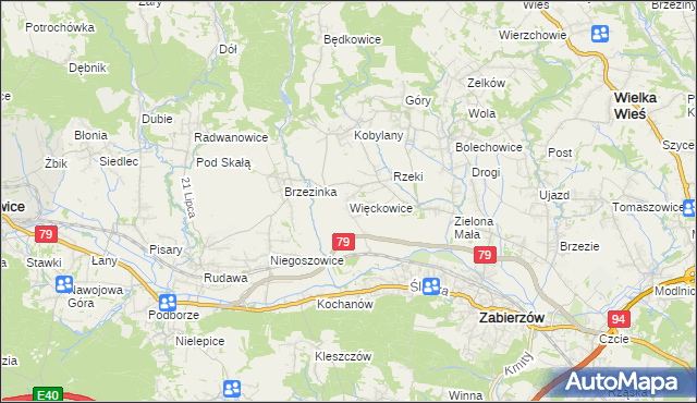 mapa Więckowice gmina Zabierzów, Więckowice gmina Zabierzów na mapie Targeo