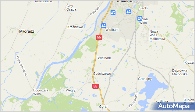 mapa Wielbark gmina Malbork, Wielbark gmina Malbork na mapie Targeo