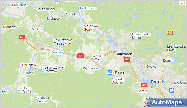 mapa Wielka Wieś gmina Wąchock, Wielka Wieś gmina Wąchock na mapie Targeo