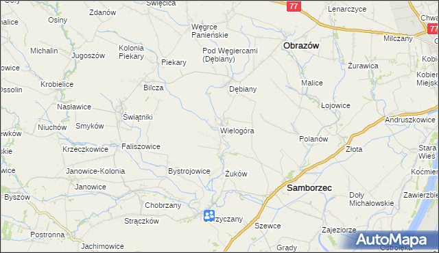 mapa Wielogóra gmina Samborzec, Wielogóra gmina Samborzec na mapie Targeo