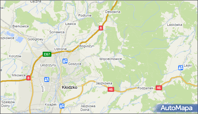 mapa Wojciechowice gmina Kłodzko, Wojciechowice gmina Kłodzko na mapie Targeo
