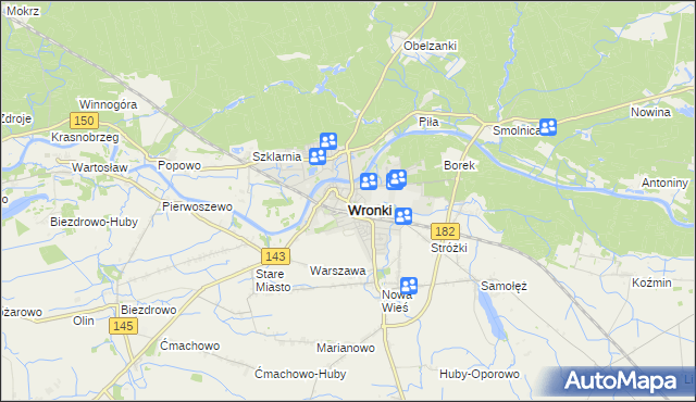mapa Wronki powiat szamotulski, Wronki powiat szamotulski na mapie Targeo