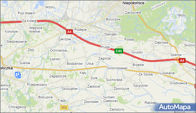 mapa Zagórze gmina Niepołomice, Zagórze gmina Niepołomice na mapie Targeo