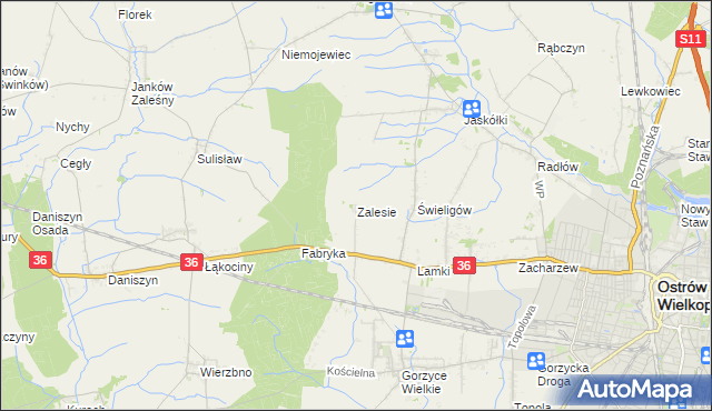 mapa Zalesie gmina Ostrów Wielkopolski, Zalesie gmina Ostrów Wielkopolski na mapie Targeo