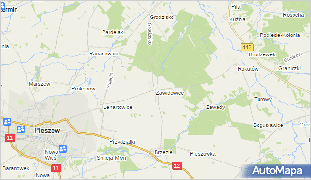 mapa Zawidowice gmina Pleszew, Zawidowice gmina Pleszew na mapie Targeo