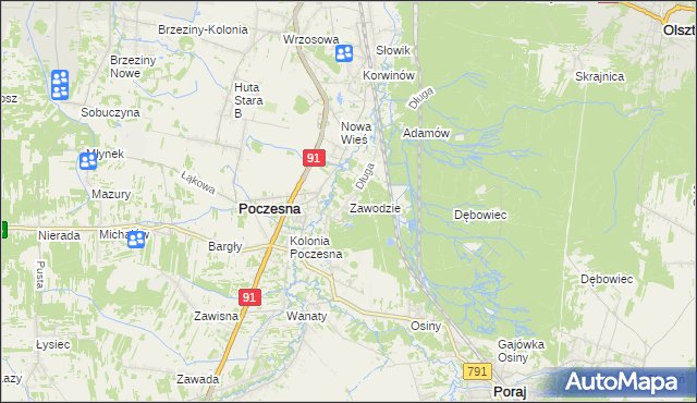 mapa Zawodzie gmina Poczesna, Zawodzie gmina Poczesna na mapie Targeo