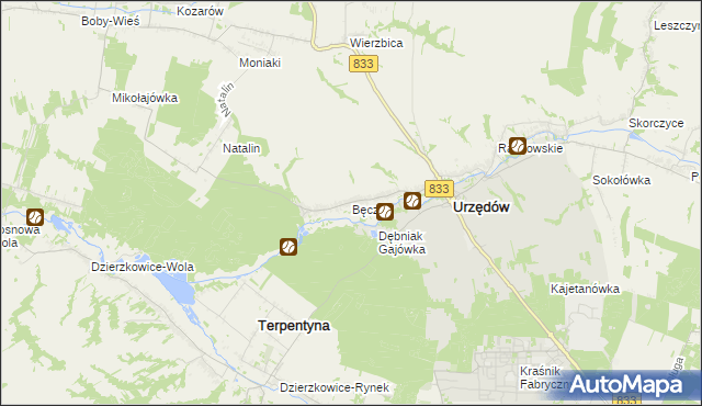 mapa Bęczyn gmina Urzędów, Bęczyn gmina Urzędów na mapie Targeo