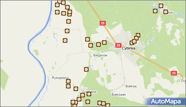 mapa Bieganów gmina Cybinka, Bieganów gmina Cybinka na mapie Targeo