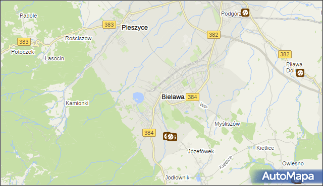 mapa Bielawa powiat dzierżoniowski, Bielawa powiat dzierżoniowski na mapie Targeo