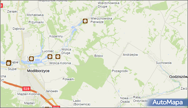 mapa Bilsko gmina Modliborzyce, Bilsko gmina Modliborzyce na mapie Targeo