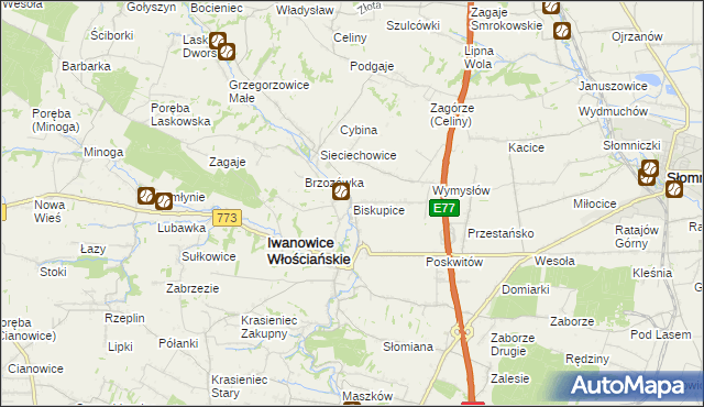 mapa Biskupice gmina Iwanowice, Biskupice gmina Iwanowice na mapie Targeo