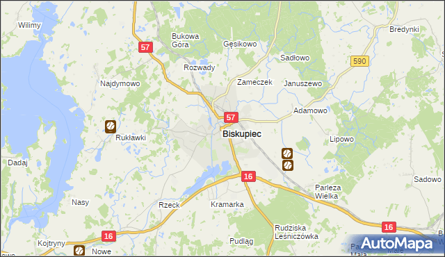 mapa Biskupiec powiat olsztyński, Biskupiec powiat olsztyński na mapie Targeo