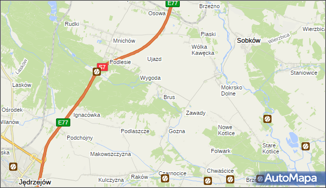 mapa Brus gmina Jędrzejów, Brus gmina Jędrzejów na mapie Targeo