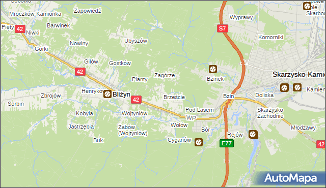 mapa Brzeście gmina Bliżyn, Brzeście gmina Bliżyn na mapie Targeo