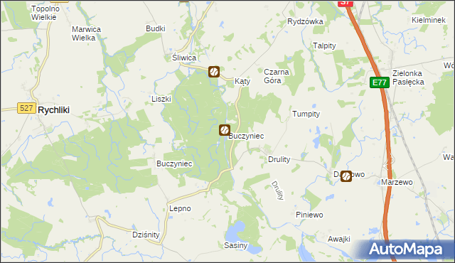 mapa Buczyniec gmina Pasłęk, Buczyniec gmina Pasłęk na mapie Targeo