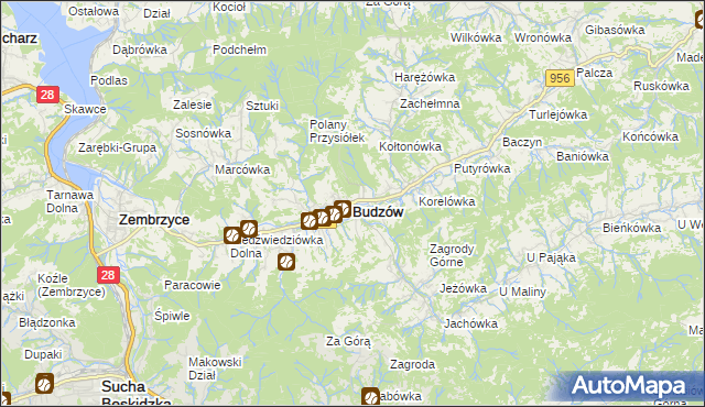 mapa Budzów powiat suski, Budzów powiat suski na mapie Targeo