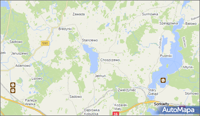 mapa Choszczewo gmina Sorkwity, Choszczewo gmina Sorkwity na mapie Targeo