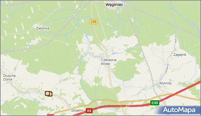 mapa Czerwona Woda gmina Węgliniec, Czerwona Woda gmina Węgliniec na mapie Targeo