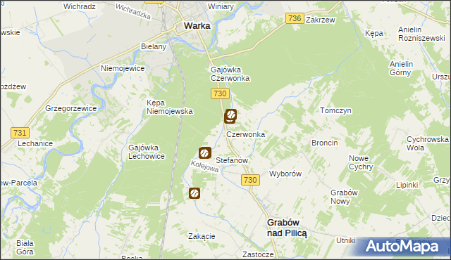 mapa Czerwonka gmina Grabów nad Pilicą, Czerwonka gmina Grabów nad Pilicą na mapie Targeo