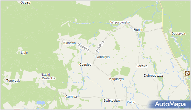 mapa Dębołęka gmina Wałcz, Dębołęka gmina Wałcz na mapie Targeo