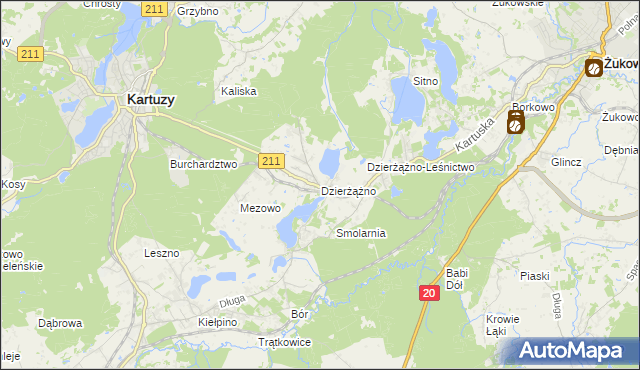 mapa Dzierżążno gmina Kartuzy, Dzierżążno gmina Kartuzy na mapie Targeo